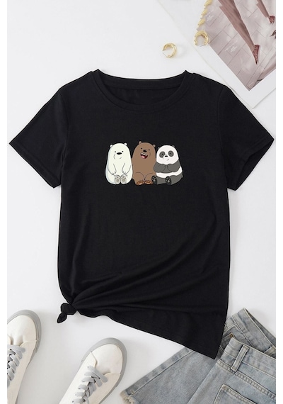 Uyguntarz Unisex Kafadar Ayılar Tasarım T-shirt Siyah