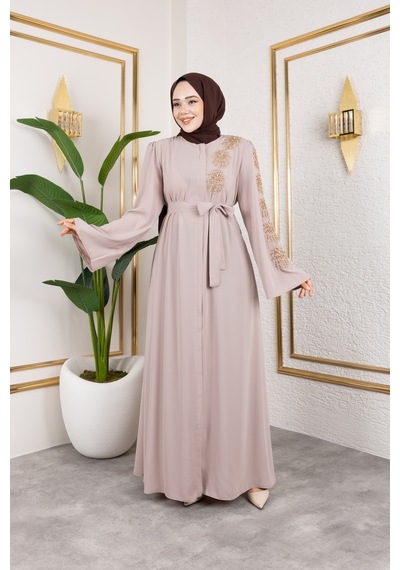 Nevayla Moda Sol Tarafı İnci Detaylı Ferace - Bej / F0140 Bej