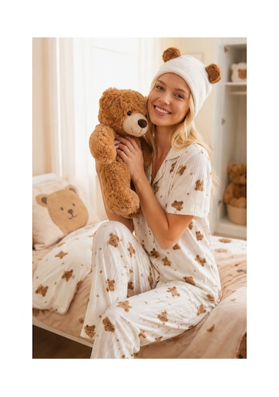 Fit Women Ayıcık Desenli Bürümçük Kumaş Kısa Kollu Pijama Takımı 6068 Kırık Beyaz