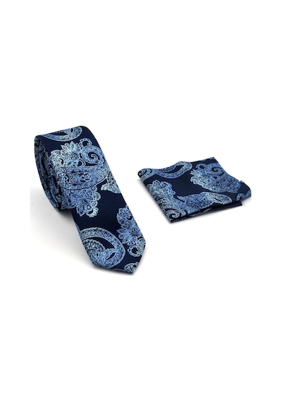 Gaffy Mavi Şal Desenli Lacivert Dokuma Kumaş Mendilli Slim Fit Kravat // SDK-240113 Lacivert