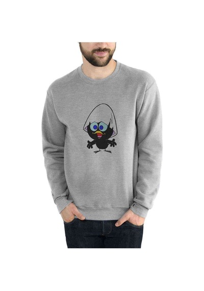 Yumurtadan Çıkan Şaşkın Kuş Baskılı Gri Erkek Örme Sweatshirt