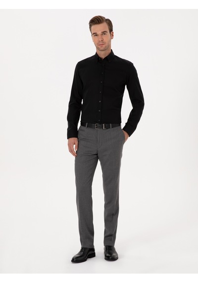 Cacharel Siyah Slim Fit %100 Pamuk Yakası Düğmeli Oxford Gömlek