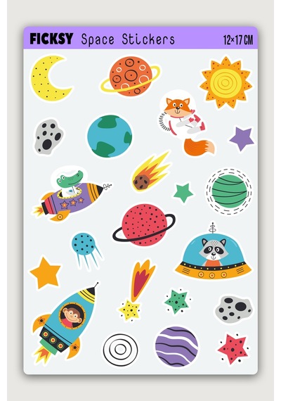 Sevimli Kozmik Hayvanlar Sticker Seti - 22 Adet Uzay, Gezegen, Astronot, Yıldız Etiket Çıkartma Diğer