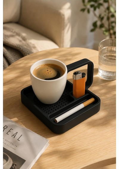 Kahve Sunum Tepsisi Çok Bölmeli Masa Üstü Organizer Kupa Fincan Standı Pla 12.5x11x7 Cm Siyah