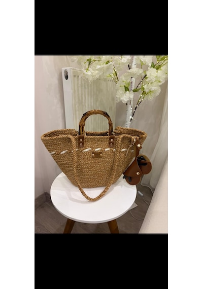 Zez Handmade Hasır Bambu Saplı Çanta