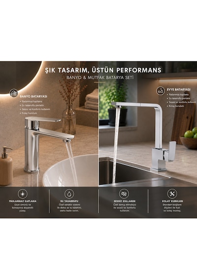 Krom Lüx Premium 2'li Set Banyo Lavabo Bataryası Ve Kare Mutfak Bataryası Şık Tasarım Özgün Model Batarya Gri