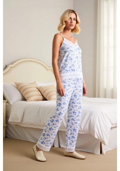 Benerly Kadın V Yaka İnce Askılı Regular Kalıp Örme Pijama Takımı Fonksiy mavi