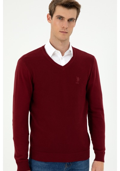 U.S. Polo Assn. Erkek Slim Fit V Yaka Bordo Basic Kazak 50288886-VR014