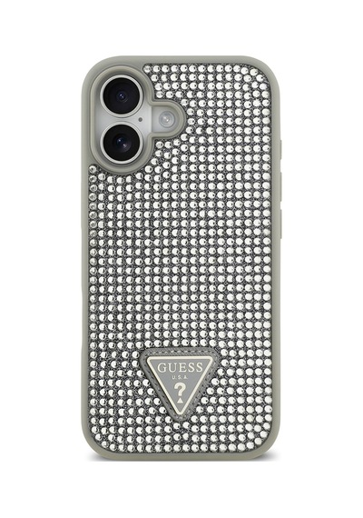 Apple Uyumlu iPhone 17 Kılıf Guess Lisanslı Taşlı Arka Yüzey Üçgen Logolu Kapak Gümüş