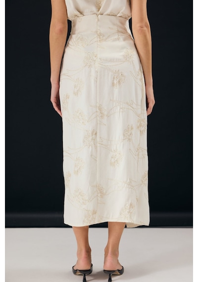 Sateen Nakış Detaylı Uzun Etek - Taş-137330