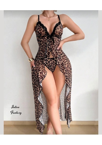 Intive Fantasy Leopar Desen V Yaka Önden Bağlamalı Önü Açık Volan Çok Renkli