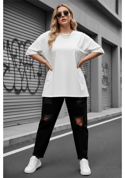 Mily Kadın Büyük Beden Battal Basic Bisiklet Yaka Pamuklu T-shirt Rahat Kesim Unisex Sevgili Kombini Beyaz