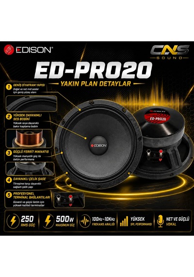 Ed-pro20 20 Cm Midrange Hoparlör 500w Max 250w Rms 98.2 Db Profesyonel Oto Ses Sistemi
