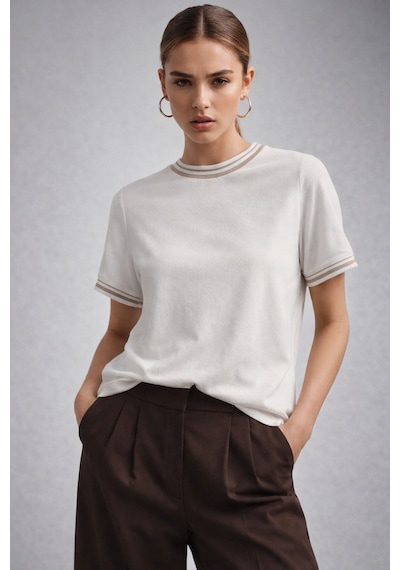 Kadın Beyaz Bisiklet Triko Yaka Kısa Kollu Basic T-shirt Beyaz