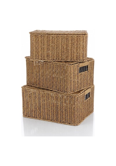 Rattan 3'lü Kapaklı Sandık Seti Hasır Saklama Kutusu Büyük Orta Küçük Boy Dekoratif Organizer Sepet Diğer