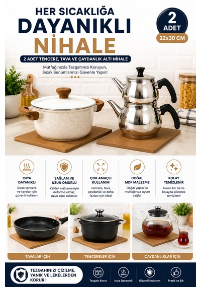 2 Adet Tencere Tava Çaydanlık Altı Nihale 22x30 Cm Mdf Sıcak Altlığı Mutfak Tezgah Koruyucu Açık Kahverengi