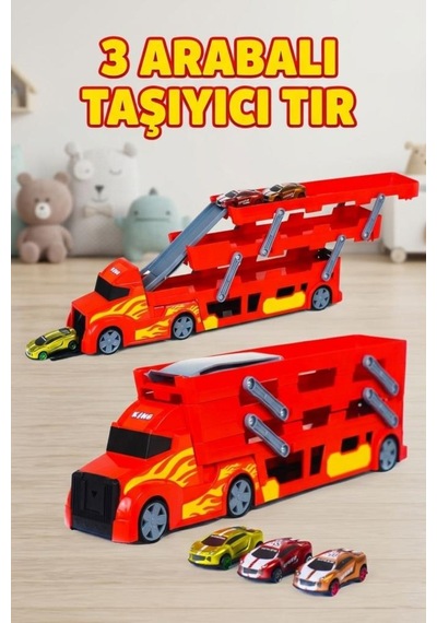 3 Katlı Mega Tır Rampalı Otopark - 46.7cm, 37 Araç Kapasiteli 3 Arabalı Oyuncak Araba Seti Kırmızı Çok Renkli