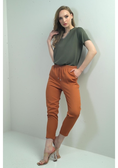 By Saygı Kadın Beli Lastikli Yandan Cepli Havuç Paça Pantolon-40605 Taba