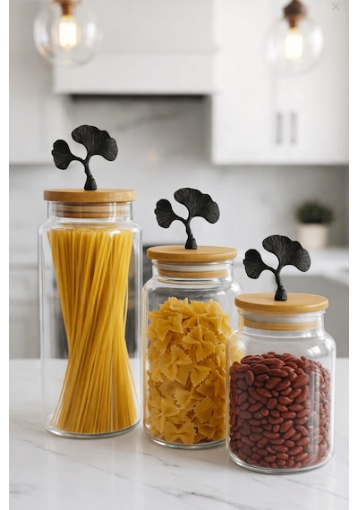 3'lü Bambu Kapaklı Mat Siyah Ginkgo Figürlü Şeffaf Cam Kavanoz Cam Saklama Kabı 635/890/1400ml Çok renkli