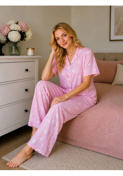Esra Butik78 Milan Kumaş Yumuşak Dokulu Pudra Pembe Yazlık Kadın Pijama Seti