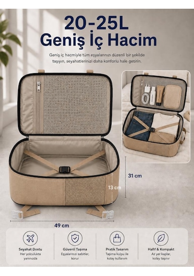 Classone Xyz Serisi Tr-100c Kabin Boy ,uçak İçi , Ergonomik, Laptop Ve Tablet Bölmeli, Seyahat, Valiz, 15 -18 İnch Uyumlu Notebook, Laptop Sırt Çantası Camel