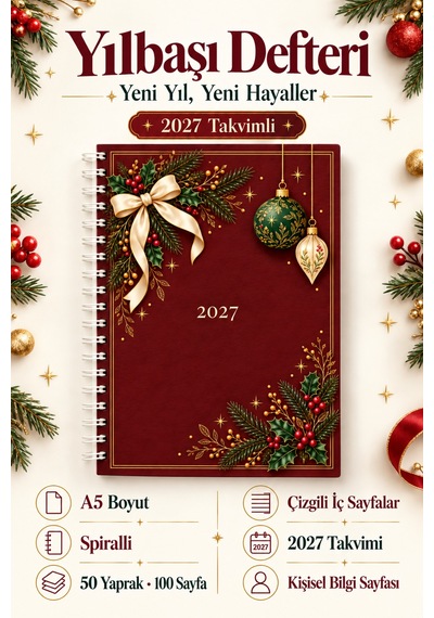 A5 Spiralli Defter 2027 Takvimli 50 Yaprak 100 Sayfa Çizgili Kırmızı Yılbaşı Desenli Not Defteri