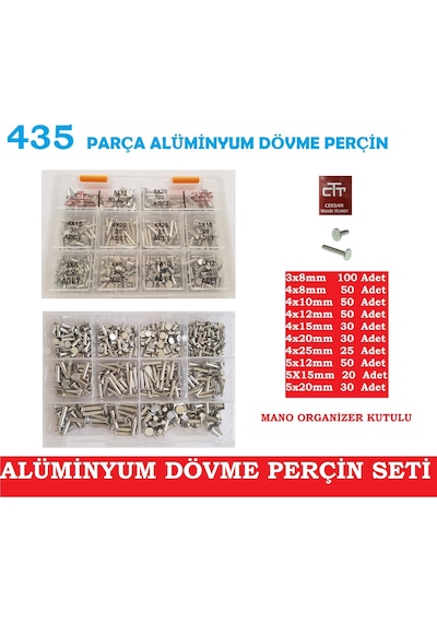 Alüminyum Dövme-Ezme Perçin Seti 435 Parça -Farklı Ölçülerde Set