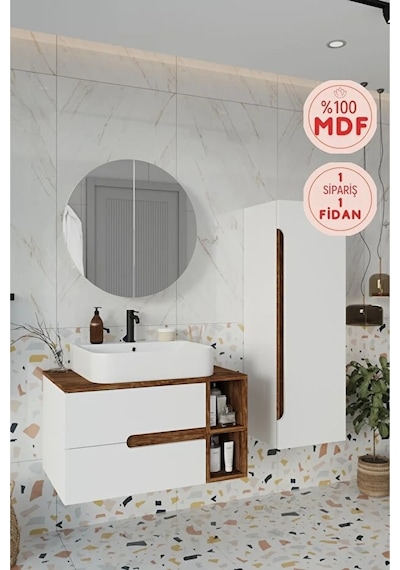 Koza Beyaz 80 Cm %100 Mdf Banyo Dolabı Ayna Lavabo Boy Dolabı Beyaz