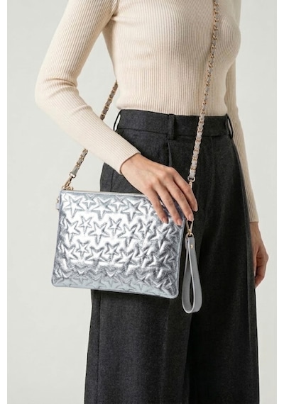 Gl-003 Yıldız Dikişli Kadın El Çantası Clutch Çanta Omuz Çantası Çapraz Çanta Pörtföy Çanta Gümüş GÜMÜŞ