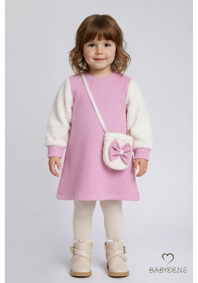 Babyden's Bayramlık Şık Ve Rahat Kız Bebek Elbise Çantalı Yumuşak Peluş Kollu Kışlık Çocuk Kombini Pembe