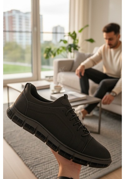 Enoch Hakiki Deri Esnek Segment Tabanlı Erkek Sneaker Ortopedik Taban Siyah