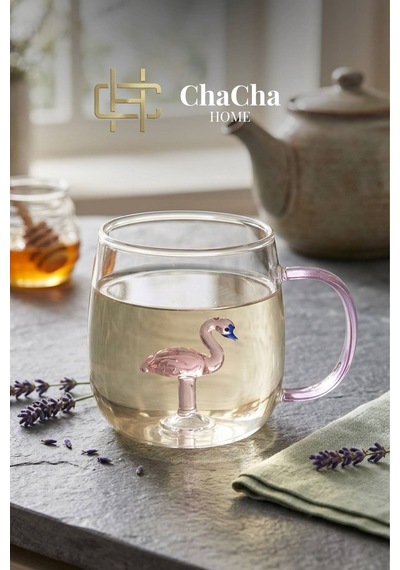 Chacha Home Figürlü Borosilikat Cam Kupa 350 Ml - Renkli Kulplu Bardak - Sunum Kupası Flamengo Figür