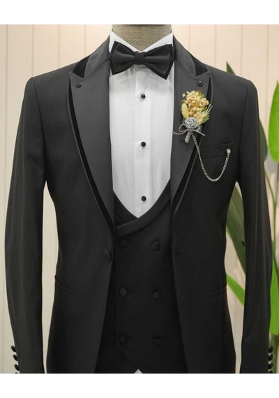Bys Beystil Şal Yaka Üzerine Sivri Yaka Siyah Damatlık & Smokin Takım 446- Slim Fit