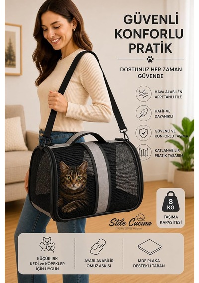 Fileli Kedi Ve Köpek Taşıma Çantası, Katlanabilir, 8 Kg, 42x25x28 Cm