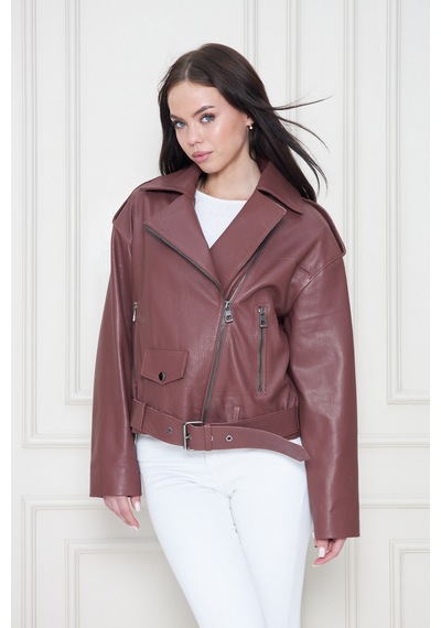 M M Marki Marki Kadın Hakiki Jumbo Deri Ceket Biker Tarz, Kemerli, Oversize, Apoletli, 62 Cm, Kahverengi - 117822