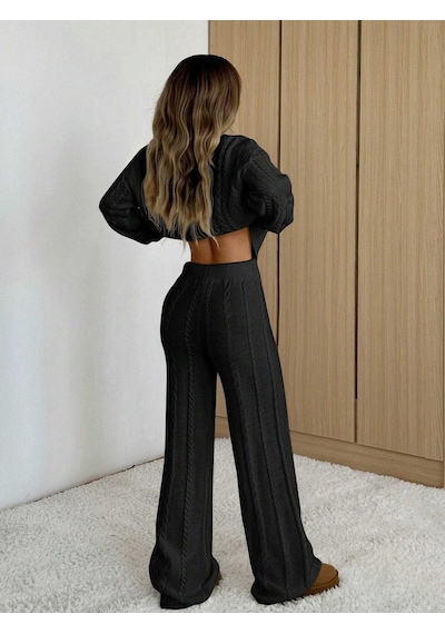 Sayzen Your Shine Saç Örgülü Kazak Pantolon Triko Takim Systkm01 Siyah