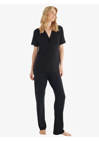 Blackspade Kadın Kısa Kol Önden Düğmeli Modal Siyah Pijama Takımı C3t0n8o15 Siyah