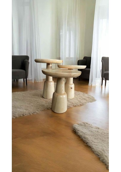Naturel Renk Masif Ahşap Mantar Sehpa 3 Lü Set Doğal Fiskos
