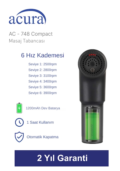 Ac-748 Compact 6 Kademeli 4 Başlıklı Masaj Tabancası Siyah