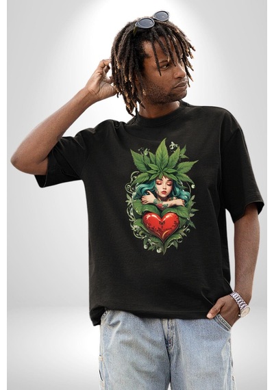 Kalp Parmak Kız Yeşillik Mutluluk Pamuklu Bisiklet Yaka Unisex Oversize Boyfriend Dijital Baskılı Siyah T-shirt Siyah