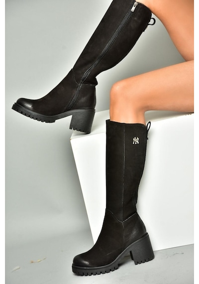 Fox Shoes R654034003 Siyah Hakiki Deri Kalın Topuklu Kadın Çizme Siyah