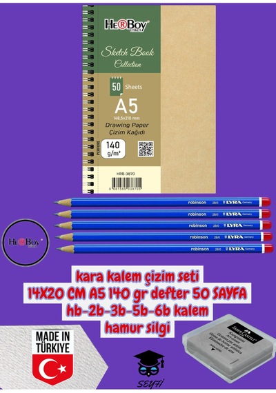 Kara Kalem Çizim Seti 14x20 Cm A5 140 Gr Defter 50 Sayfa Hb-2b-3b-5b-6b Kalem Hamur Silgi Çok Renkli