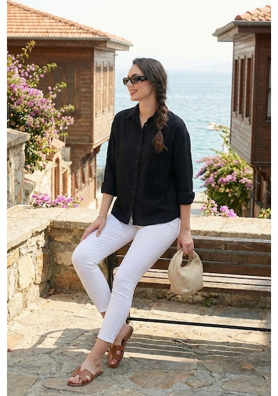 Lela Regular Fit Güpürlü Cep Detaylı Uzun Kollu Bayan Gömlek 6773215 Siyah
