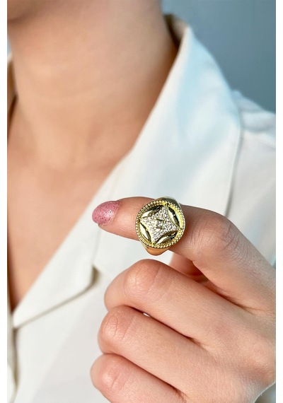 Zirkon Taşlı Yuvarlak Şövalye Yüzük - Gold Çok Renkli