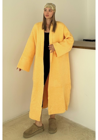 Olcay Oversize Kalın Triko Uzun Hırka Sarı 8274