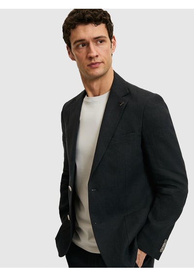 Cacharel Siyah Slim Fit %100 Keten Mikro Desen Mono Yaka Ceket