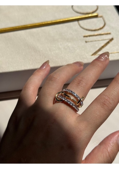 Zirkon Taşlı Üçlü Halka Çelik Yüzük Gold Altın