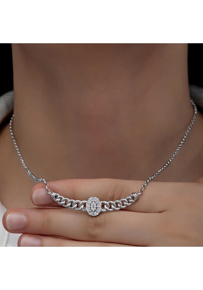 Gümüş Gurmet Zincirli Oval Baget Taşlı Kadın Kolye Gri