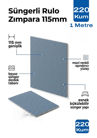 115 Mm Süngerli Rulo Zımpara 220 Kum 1 Metre Esnek Destek Tabanlı
