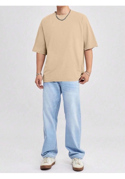 Basic Süprem T-shirt - Bej Oversize Bisiklet Yaka Tişört Bej-78258